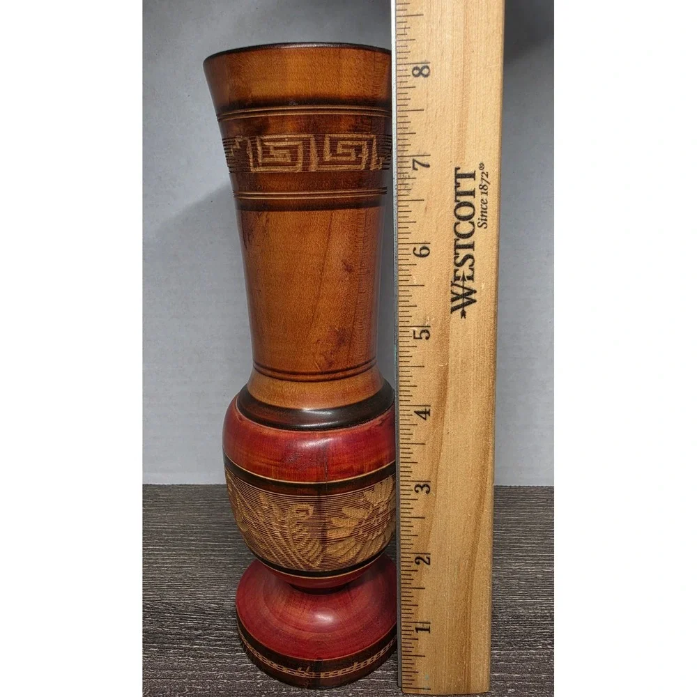 Vintage Hand Carved Wooden Bud Vase Floral‎ Etched Two Tone Brown Red 8